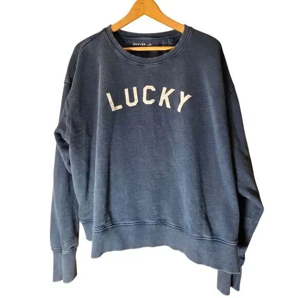 LUCKY brand Navy blue distressed comfy pullover LOGO crewneck sweatshirt XL - Picture 2 of 4